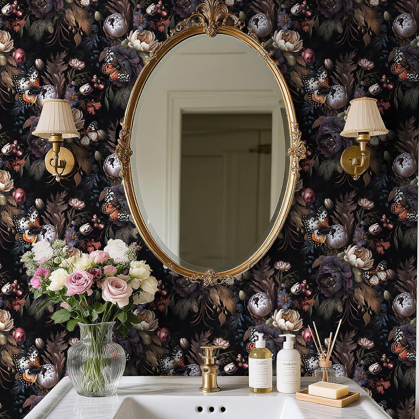 Papel Tapiz Floral Vintage Prepegado Peonía Mariposa