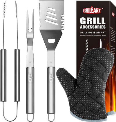 Juego 3 utensilios parrilla acero inox espátula pinzas tenedor