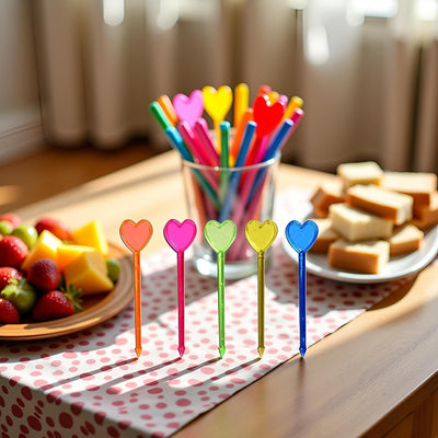 100 Pzas Palillos Plástico Multicolor Corazón Cóctel