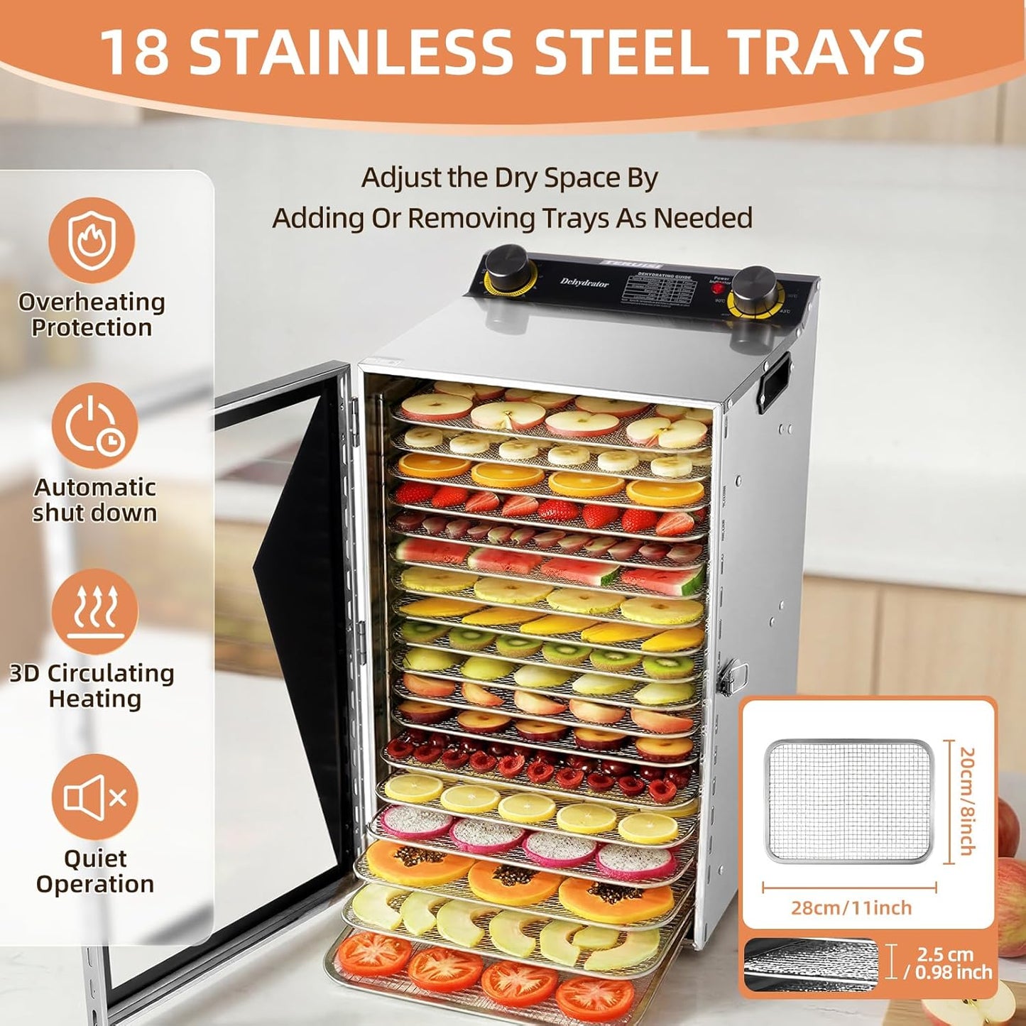 Deshidratador alimentos 18 bandejas acero inox con temp 190°F