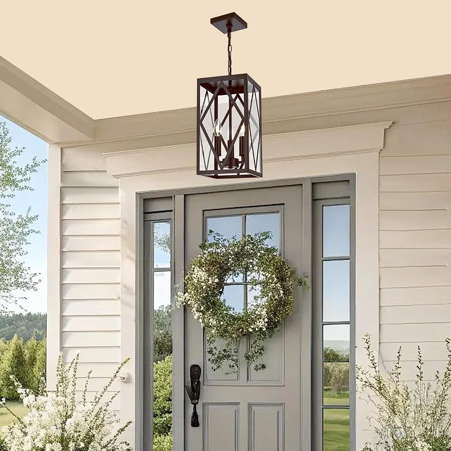 Lámpara colgante exterior 3 luces estilo granja bronce 15.7pulg