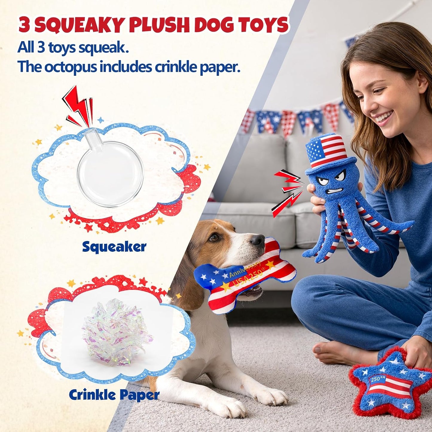 Juguetes perro 3 Pzas Octopus con sonido 4th of July