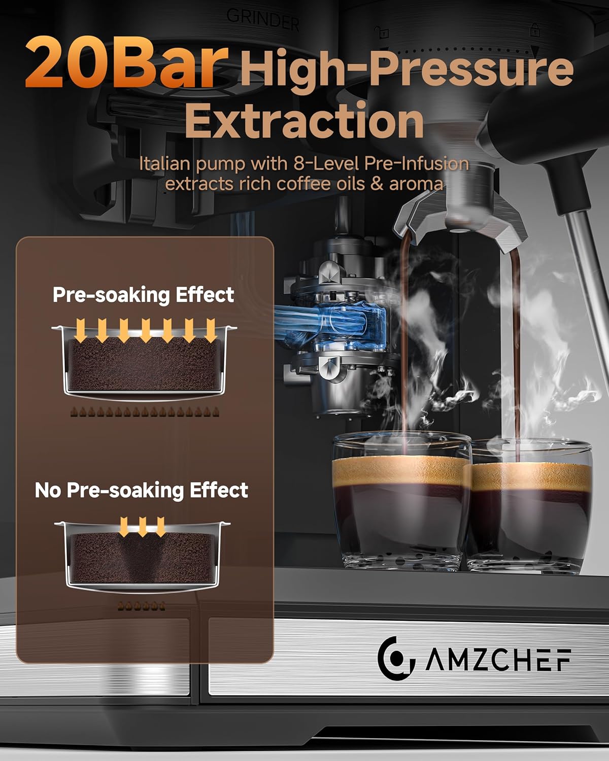 Cafetera Espresso Negro con Molinillo y Preinfusión