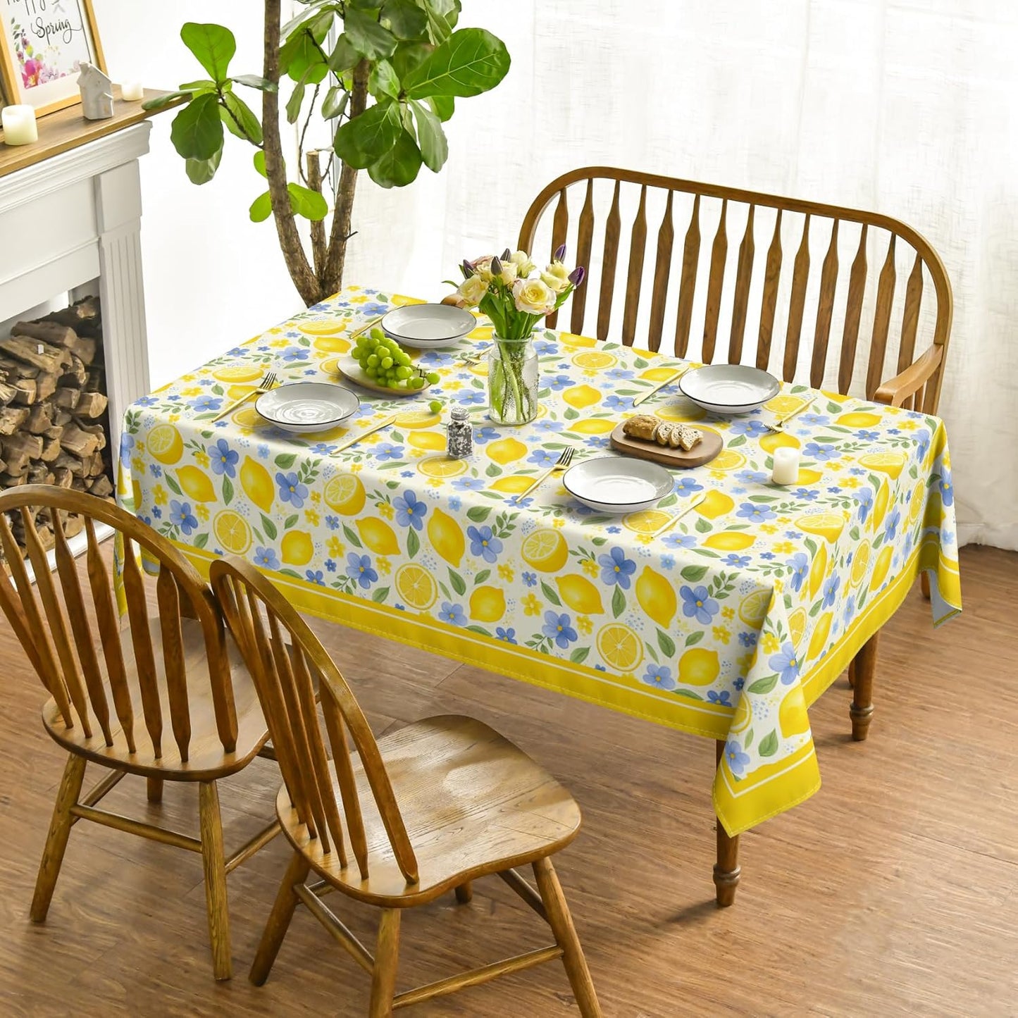 Mantel cuadrado de verano 60x60 pulgadas con limones, hojas de jazmín, azul y amarillo lavable