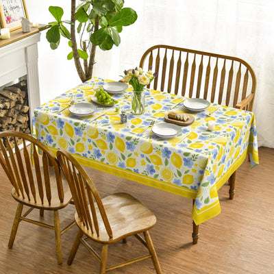 Mantel cuadrado de verano 60x60 pulgadas con limones, hojas de jazmín, azul y amarillo lavable