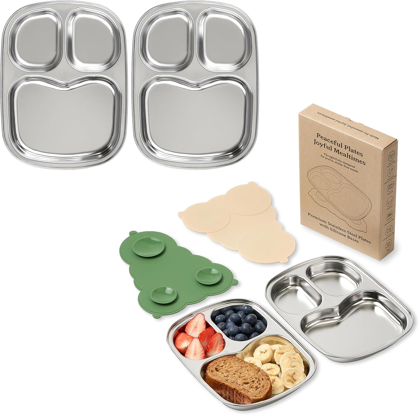 Juego de platos divididos de acero inoxidable para niños con bases de doble succi