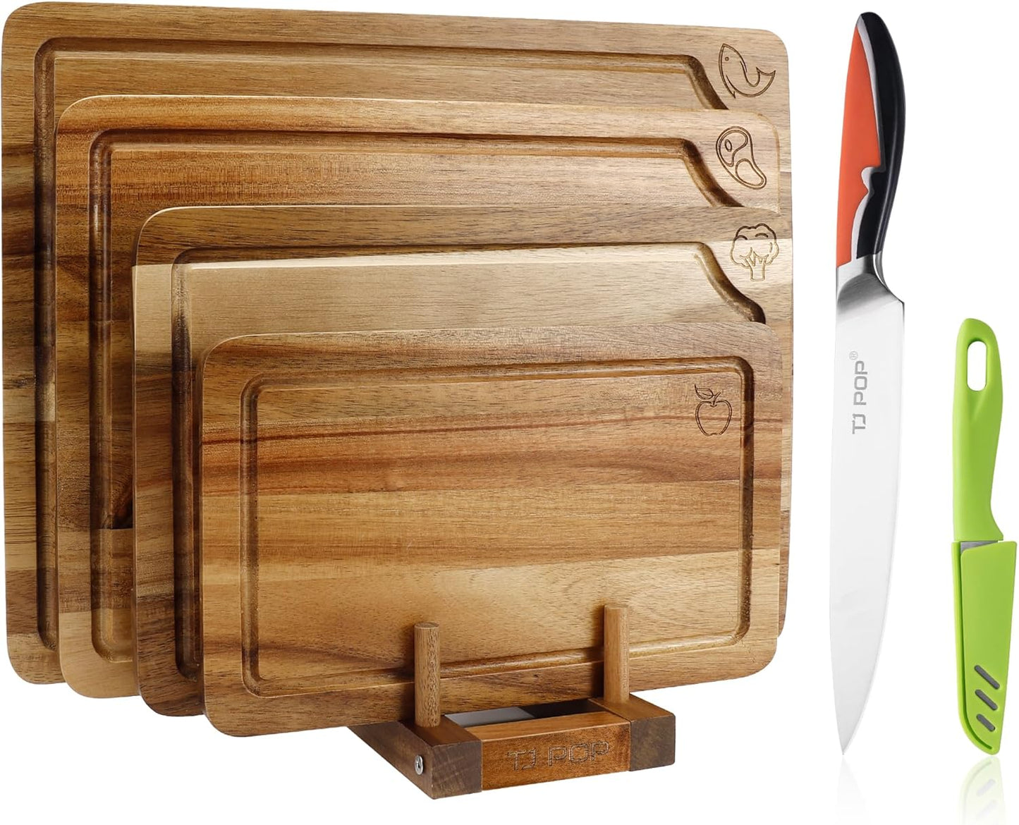 Set 4 Tablas Cortar Acacia con Cuchillo Inox