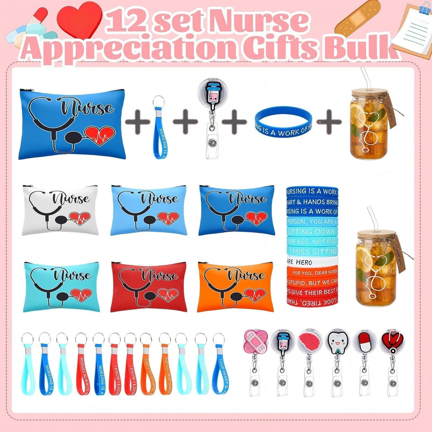 Set 60 regalos para enfermeras con taza, pulsera y llavero
