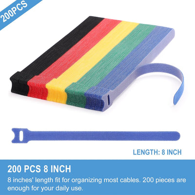 200 Bridas Reutilizables 8pulg Correas Cable Organizador 5 Colores