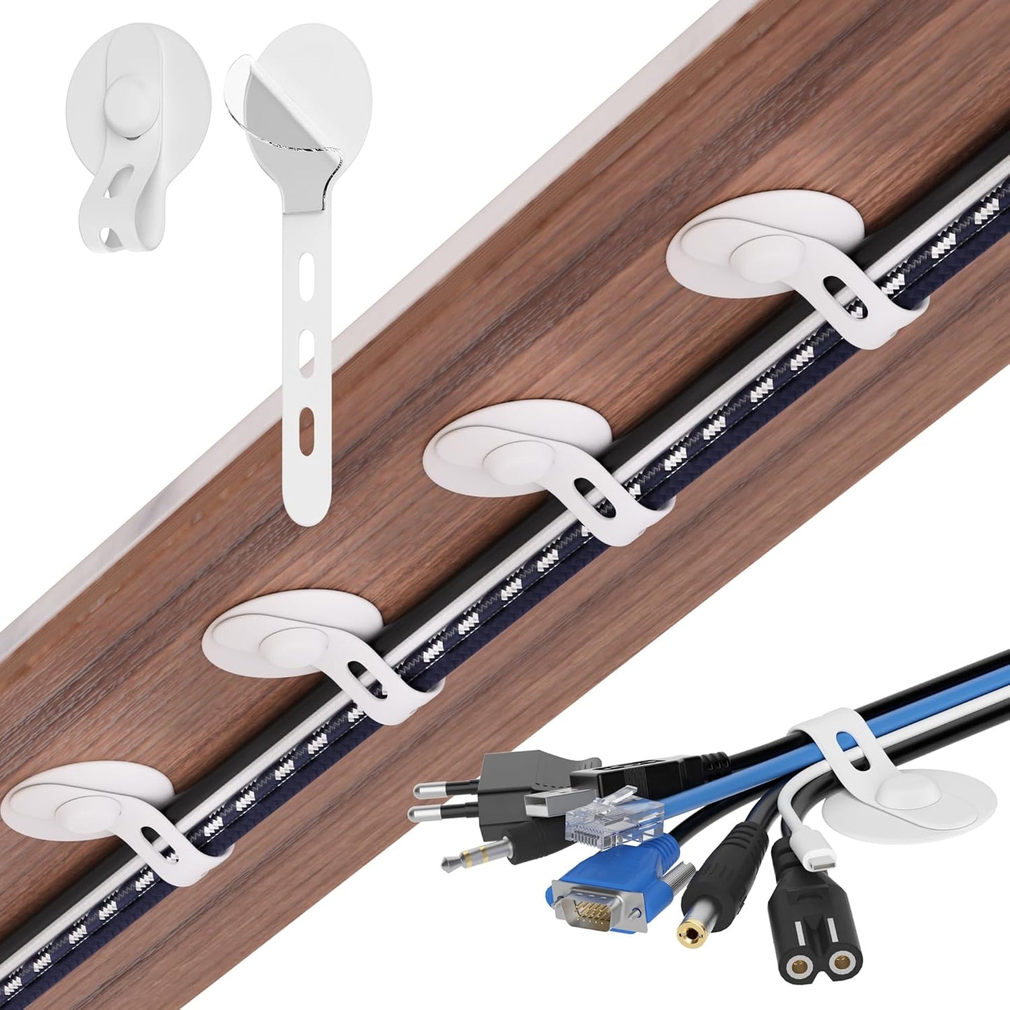 Organiz. cables silicona ajustable bajo escritorio blanco
