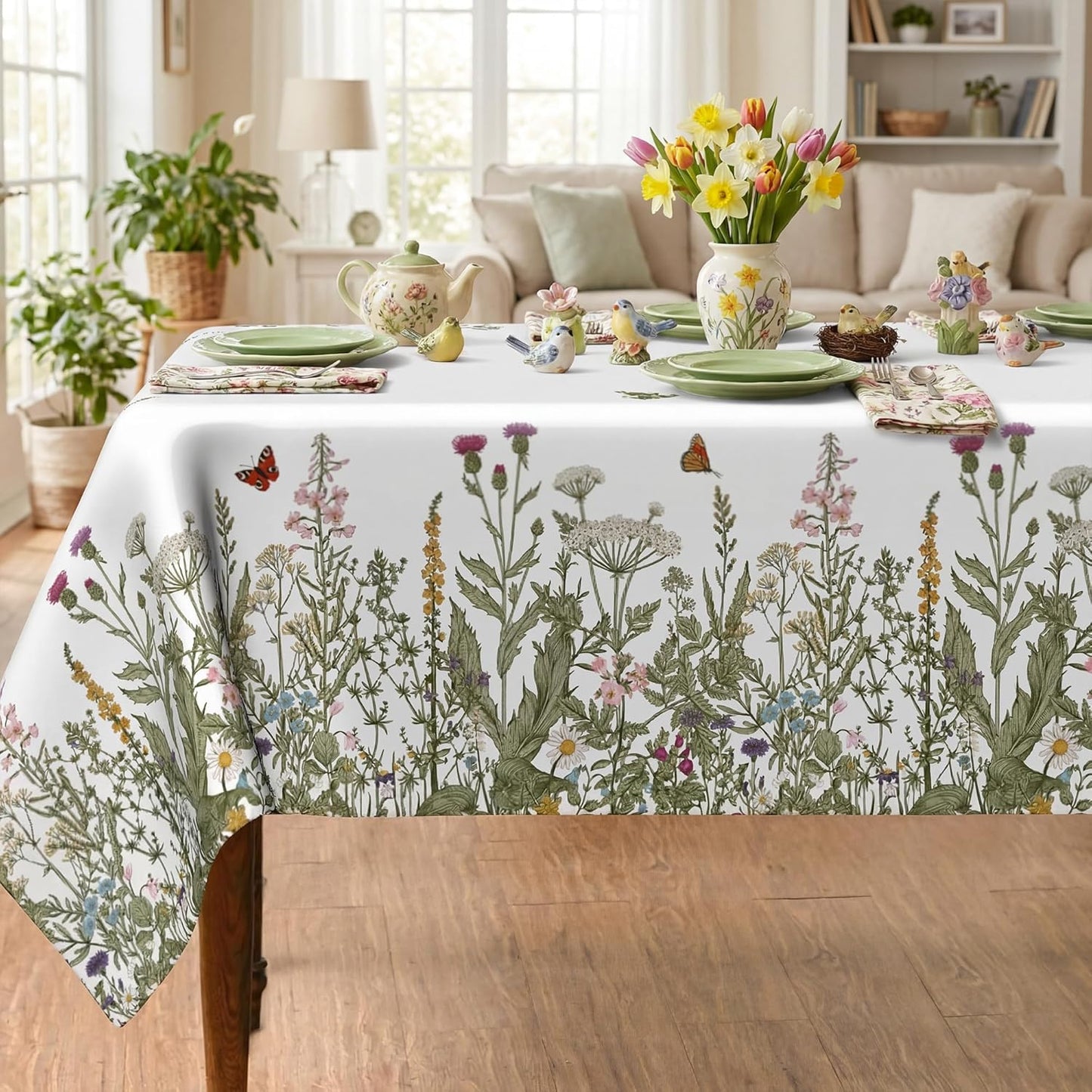 Mantel rectangular de poliéster con flores silvestres de primavera