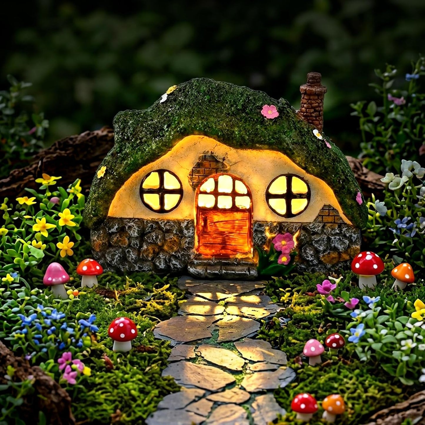 Casa solar hadas exterior con luces y estatuas resina