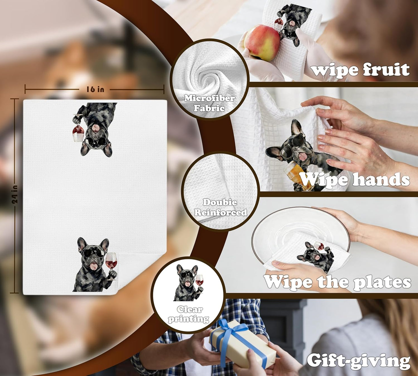Toallas de cocina con perro francés decorativas 16x24 pulgadas set de 2