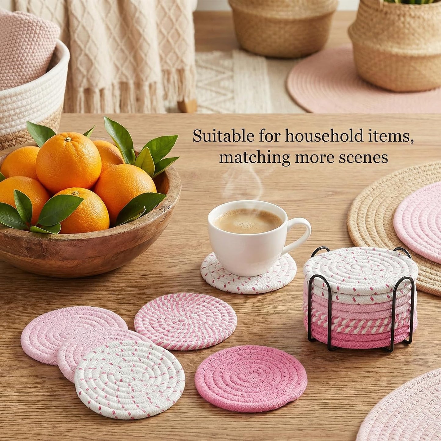 Juego de 8 posavasos absorbentes de algodón con soporte en rosa