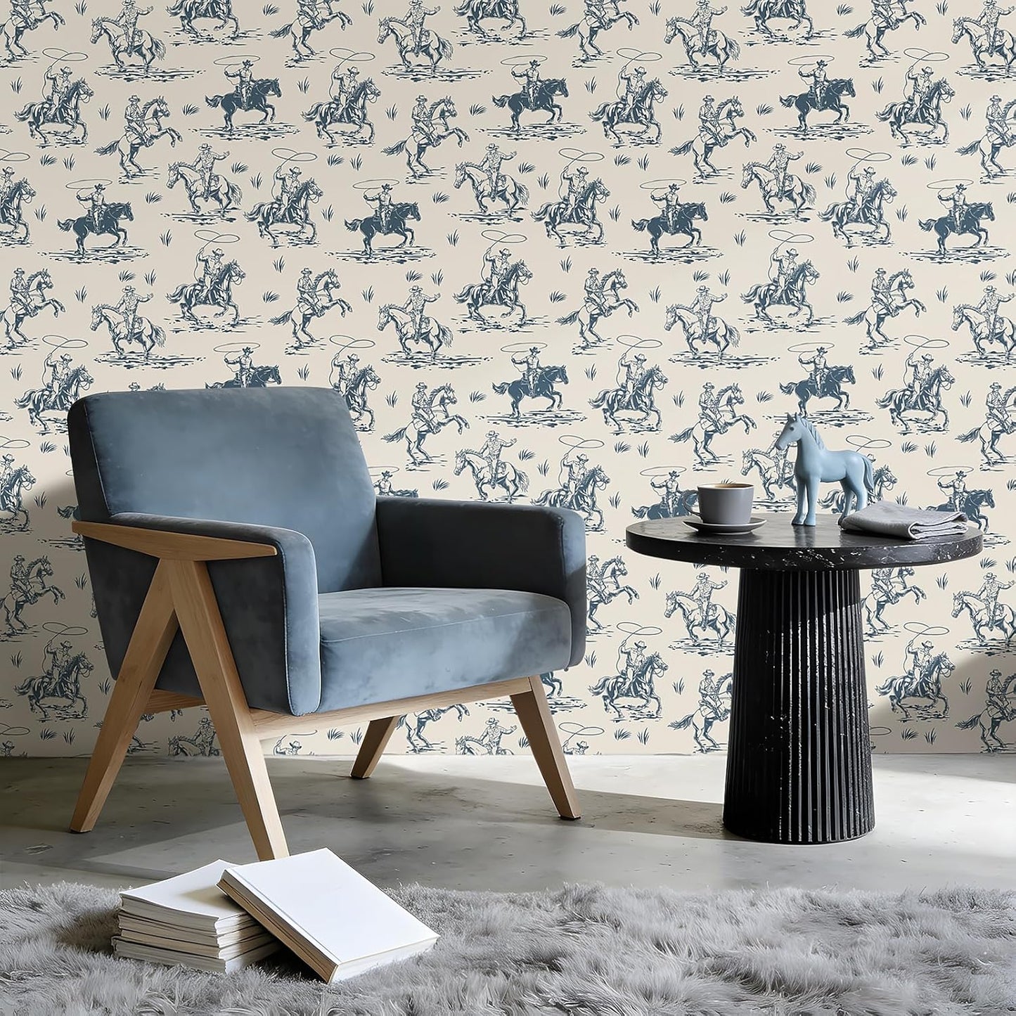 Papel tapiz vaquero occidental prepegado azul blanco crema