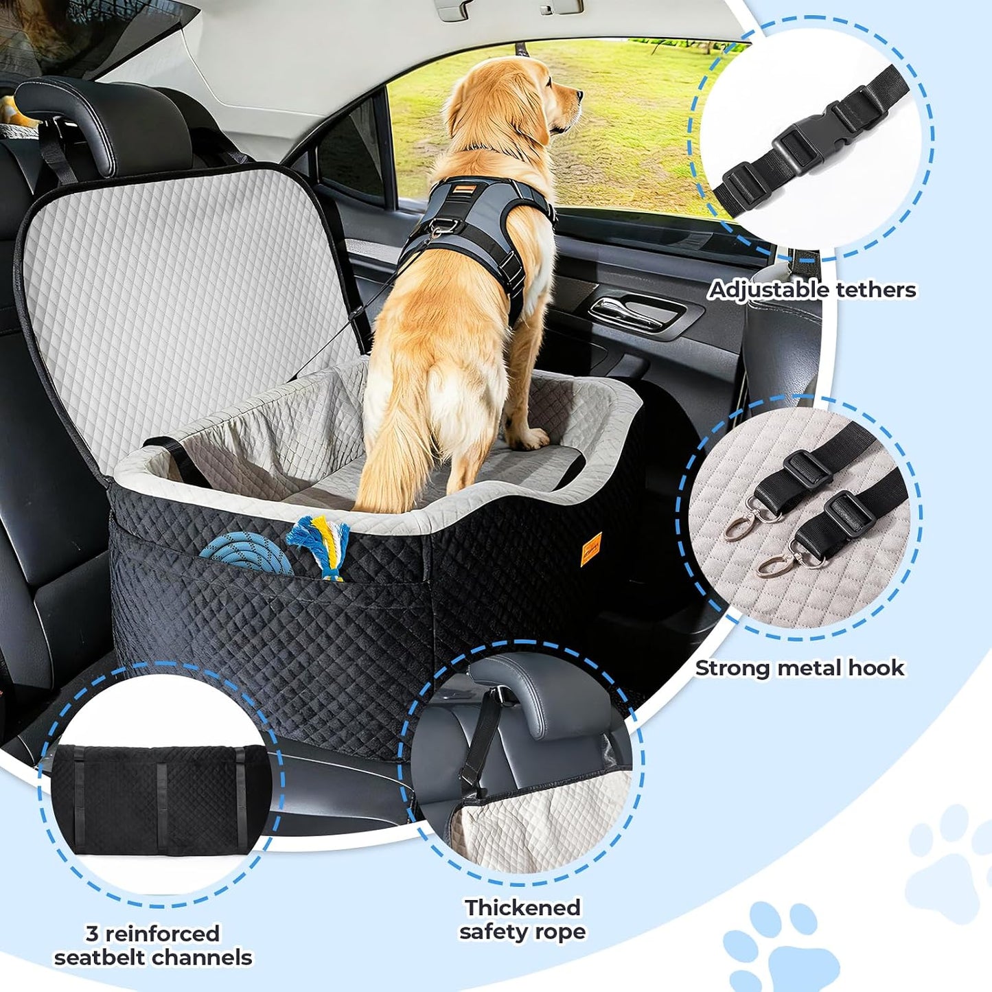 Asiento perros grandes 60lb espuma visco 4pulg cinturones triples