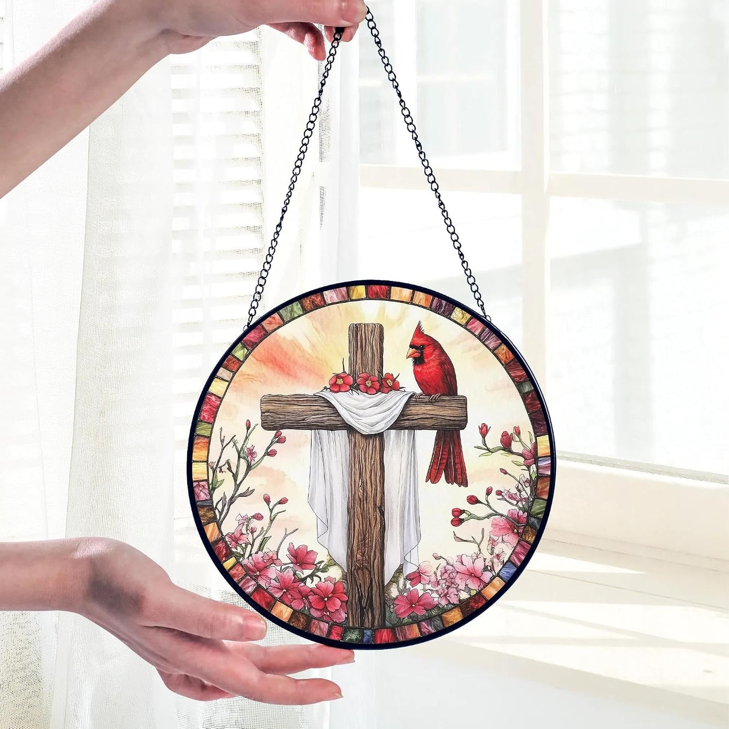 Atrapasoles cruz cardenales rojos vitrales decoración hogar