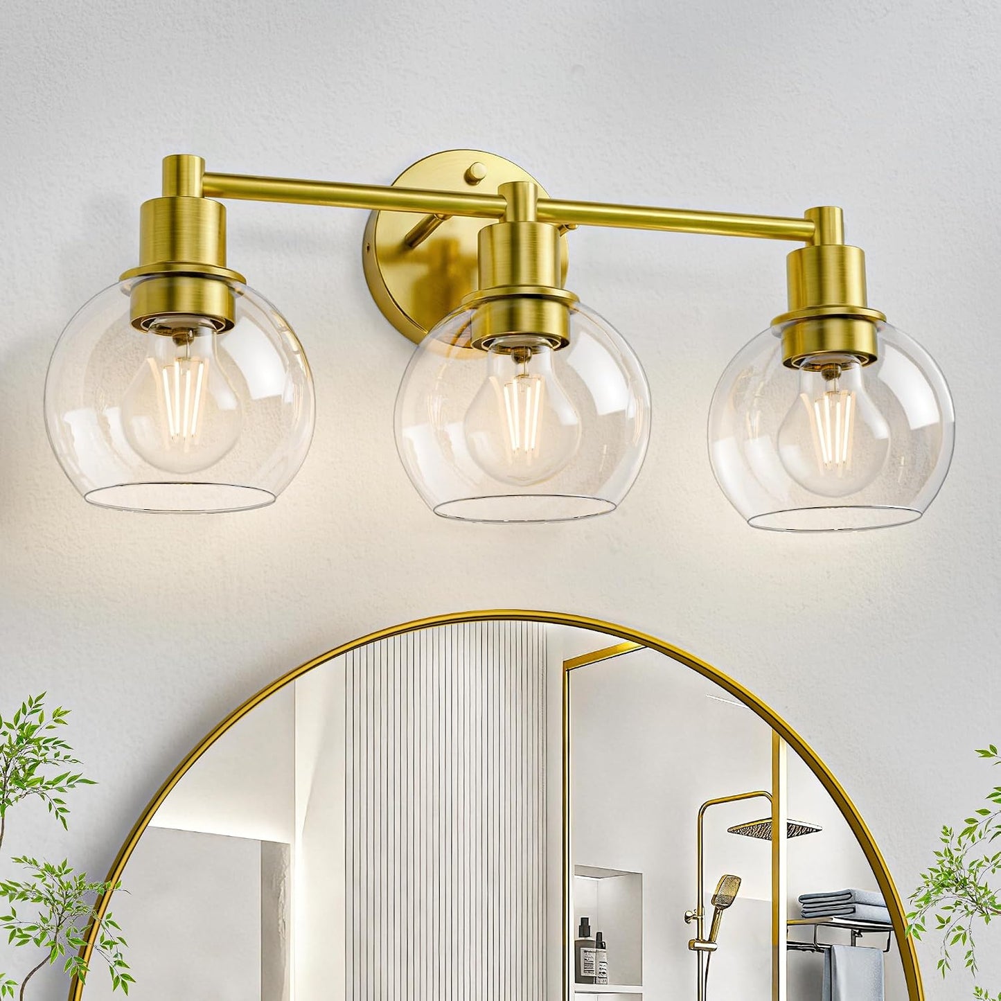 Lámpara baño 3 luces latón cepillado sobre espejo