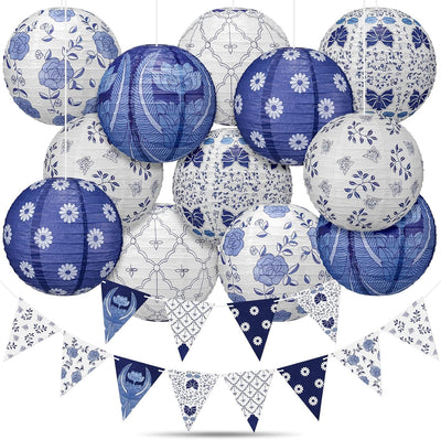 Set 12 Pzas Banderines Fiesta China 10pulg Azul Blanco