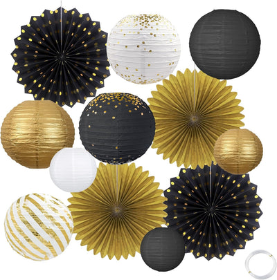 Juego decoraciones fiesta negras doradas faroles papel colgantes