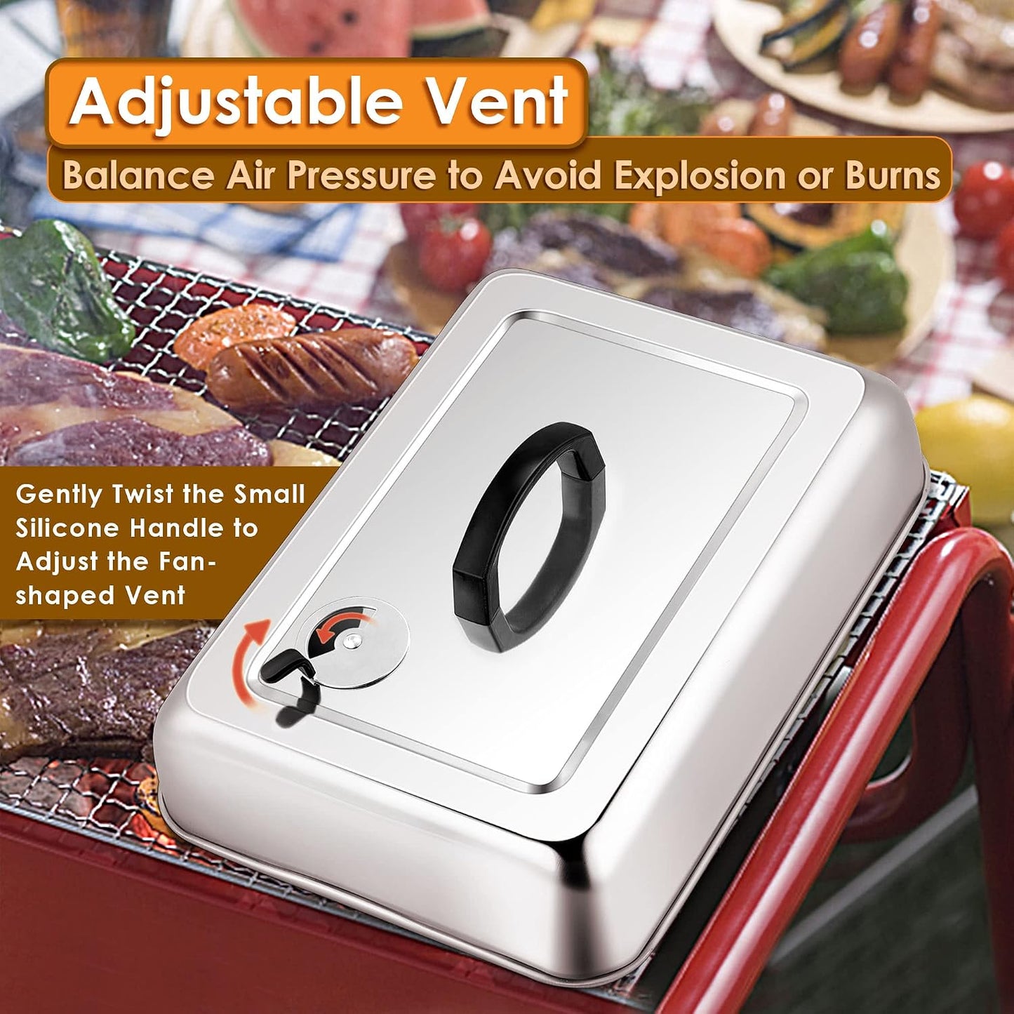 Tapa acero inox 13x9pulg con ventilación ajustable para parrilla