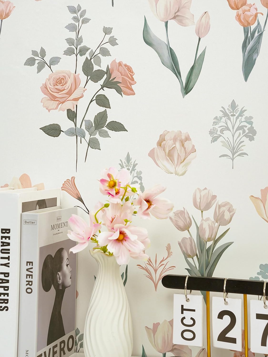 Papel tapiz vintage floral beige autoadhesivo extraíble