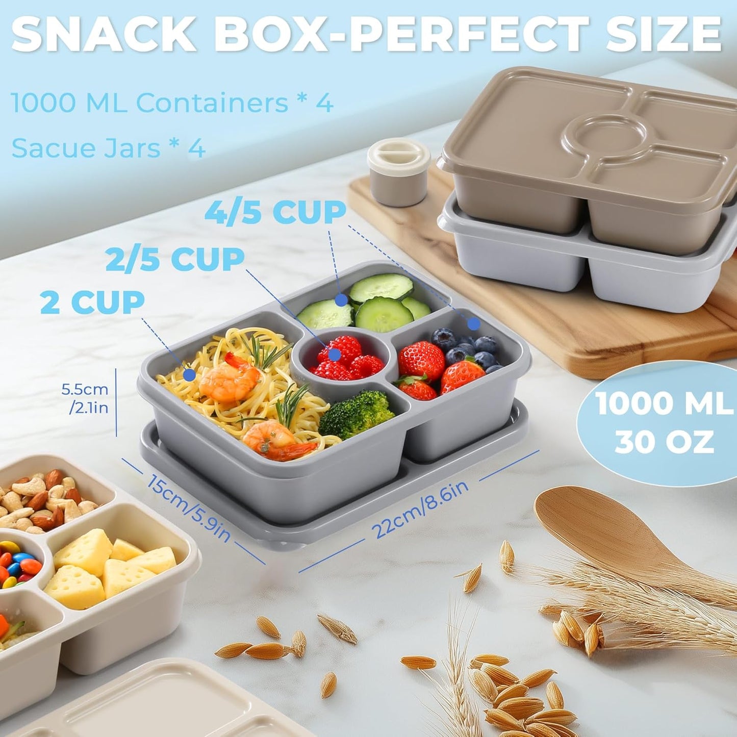 Set 4 Contenedores Bento Reutilizables Divididos Apilables