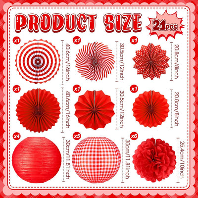Kit 21 decoraciones rojas fiestas faroles 12pulg abanicos pompones