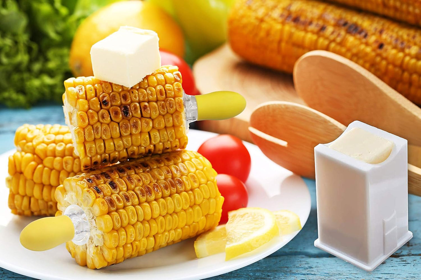 Juego 8 soportes mazorcas maíz 4 platos y esparcidor mantequilla