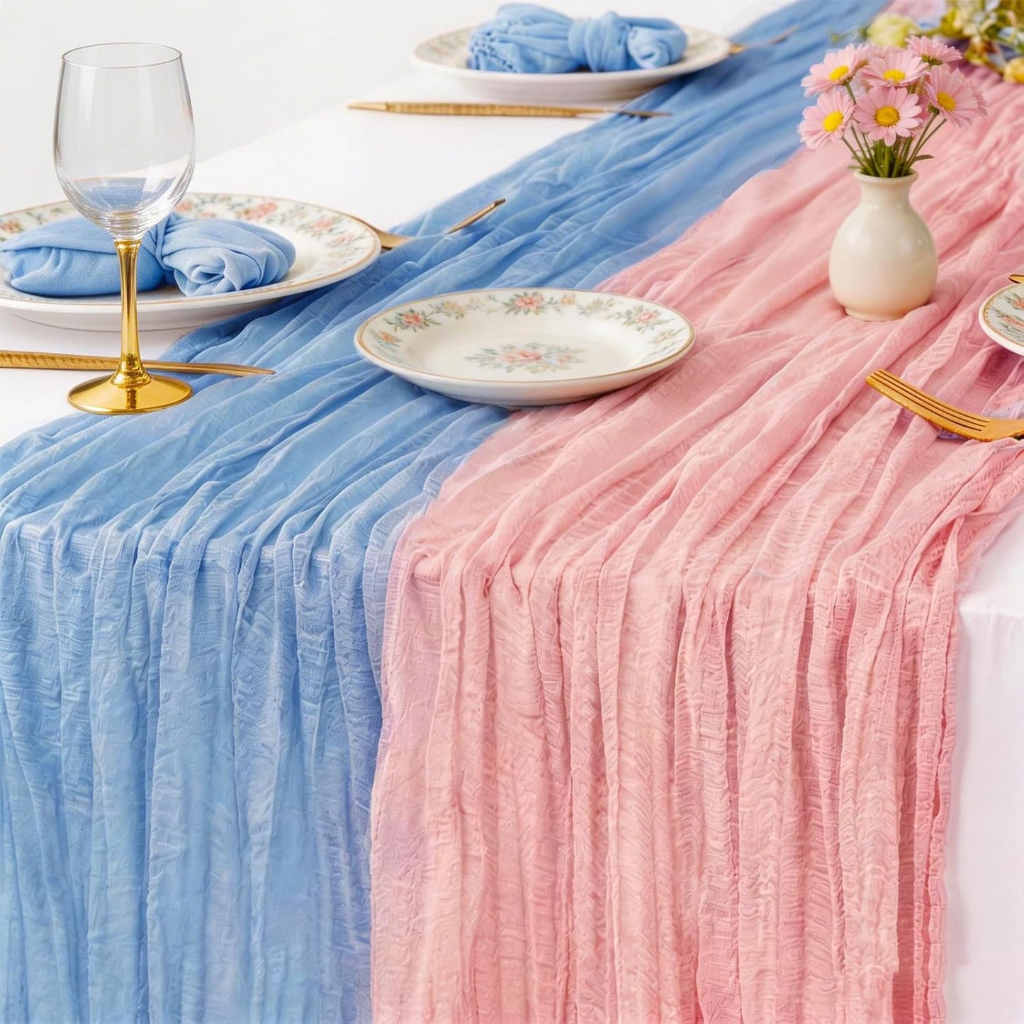 Camino de mesa estopilla rosa y azul estilo bohemio para baby shower y bodas