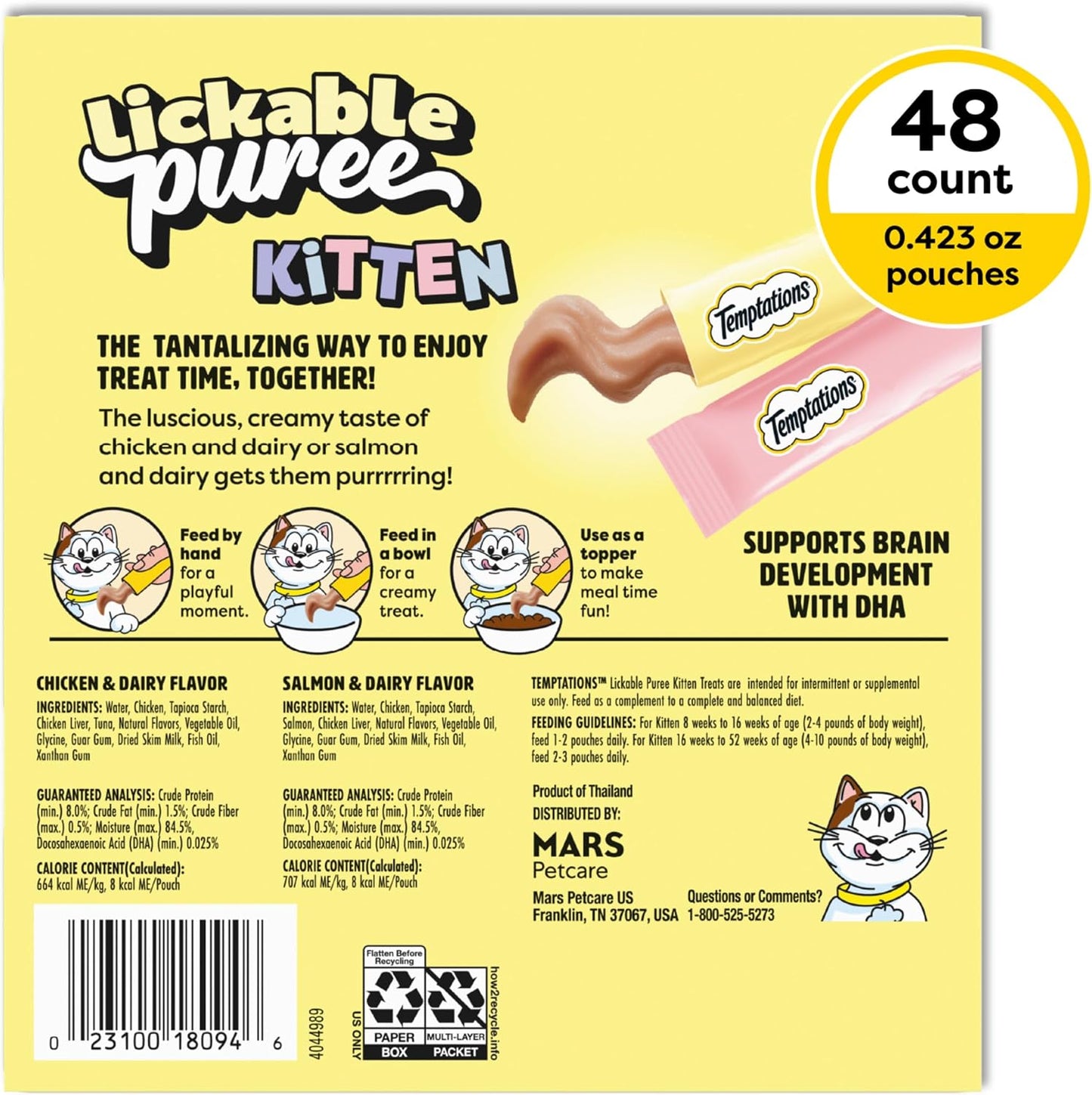Puree Kitten Treats Lickable pollo y salmón 48 bolsas