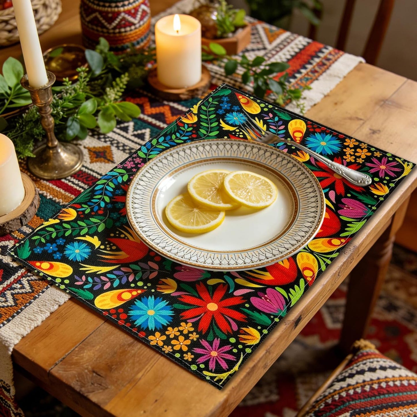Set 4 manteles Cinco de Mayo 12x18pulg decoración floral lavable
