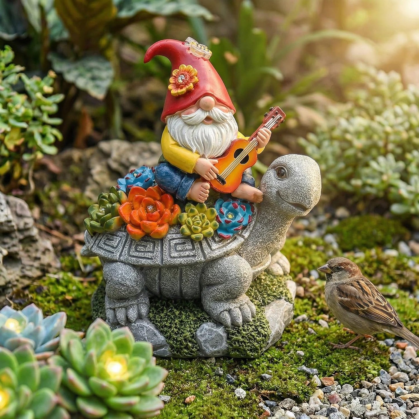 Gnomo con guitarra y tortuga para ocultar llaves jardín