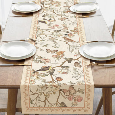 Camino mesa comedor vintage flores peonía mariposa arpillera