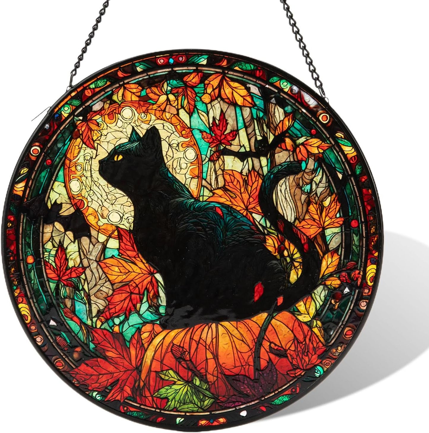 Colgantes vidrieras Halloween gato negro hoja arce gótico