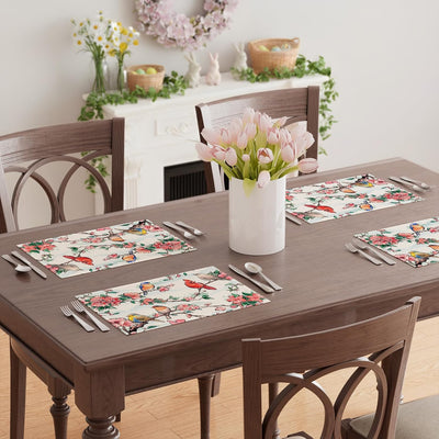 Juego de 6 manteles individuales de primavera con diseño acuarela flores pájaros cardenales