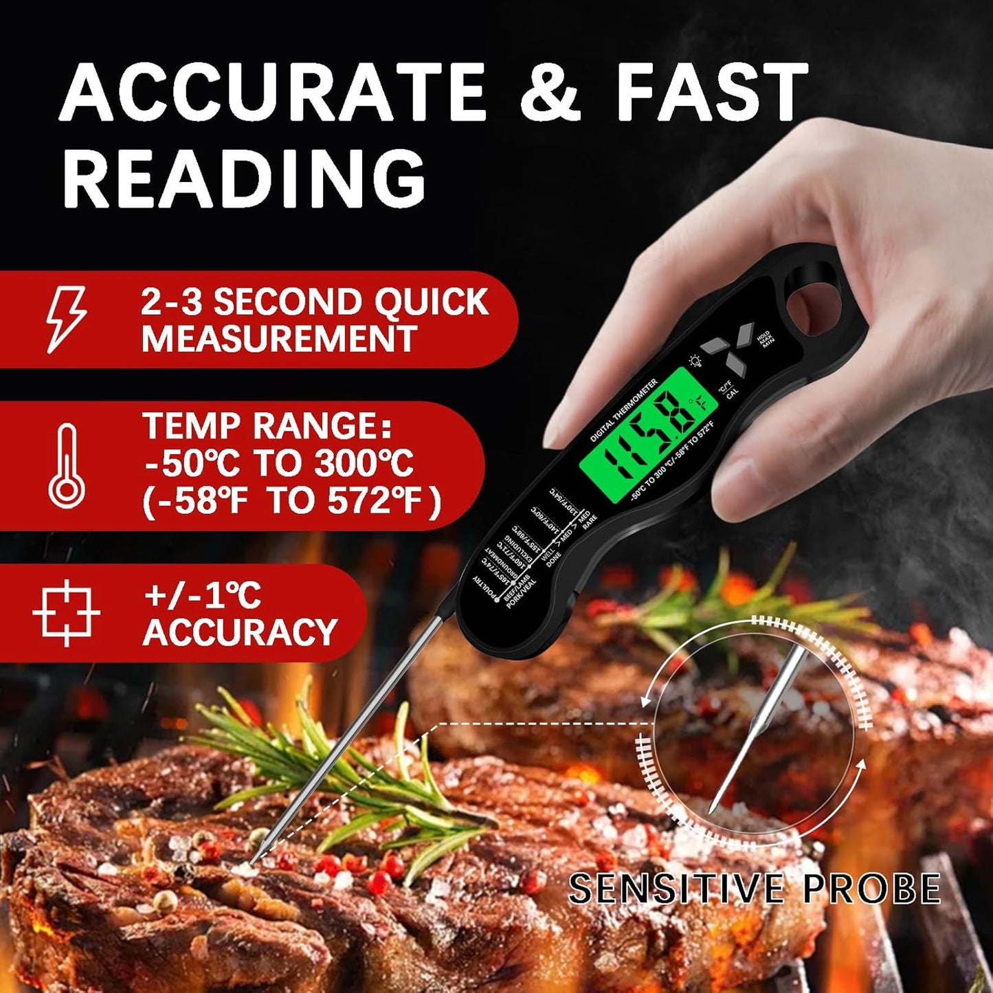 Termómetro digital carne cocina impermeable IP67 con luz