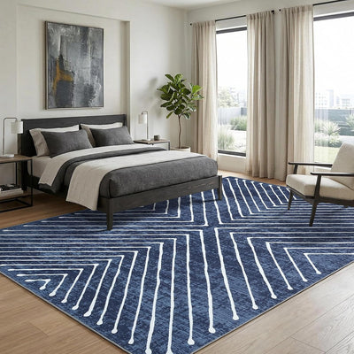 Alfombra moderna simétrica 8x10ft lavable azul marino