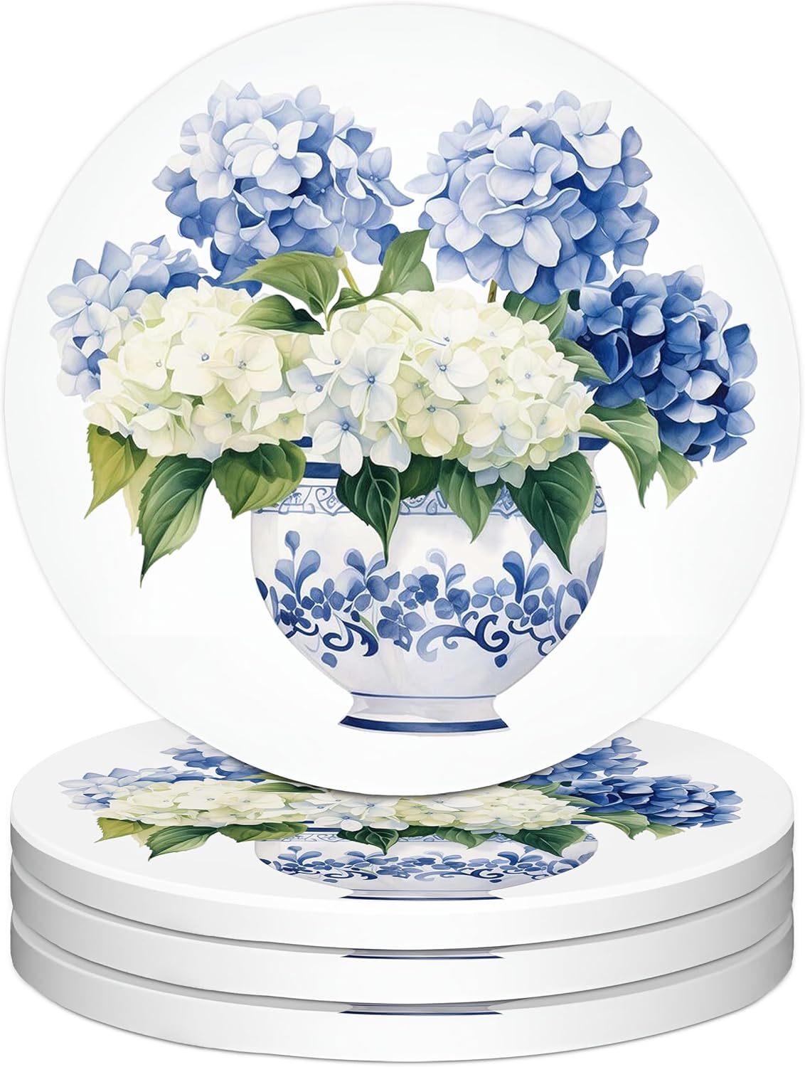 Juego de 4 posavasos hortensias azules y blancas con corcho