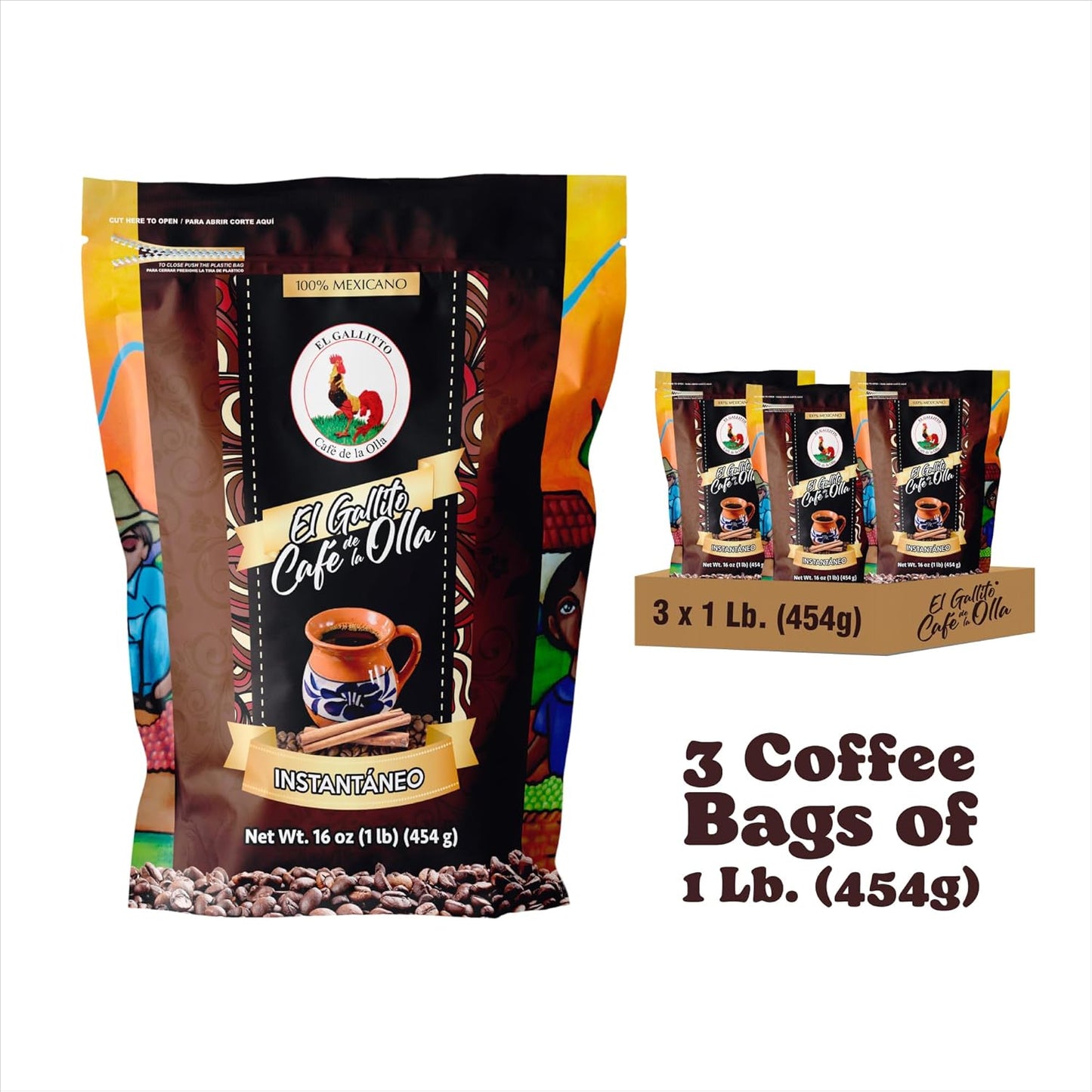 Café de la Olla soluble mexicano con cacao 1lb set 3