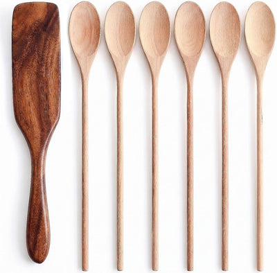 Juego de 7 utensilios de cocina de madera con espátula para pan de levadura y 6 cucharas de madera natural