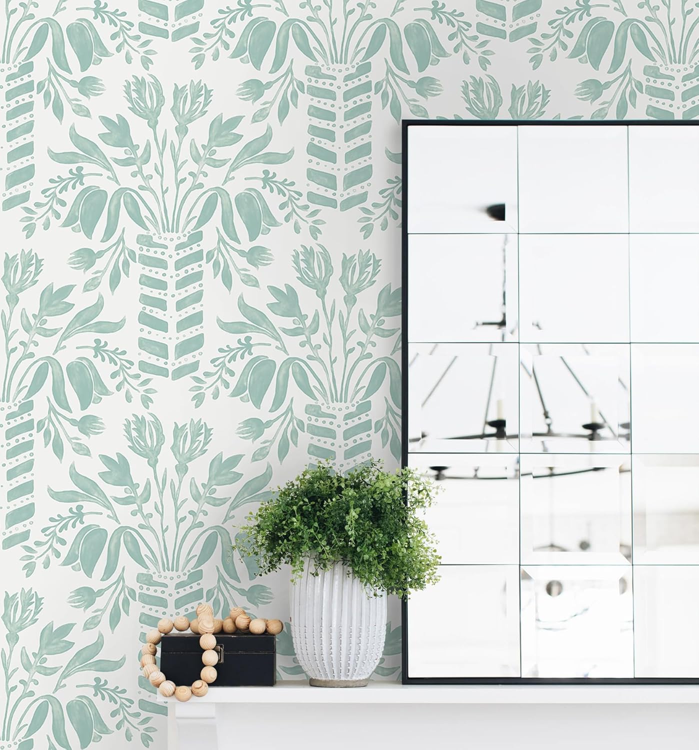 Papel tapiz autoadhesivo floral verde y blanco moderno
