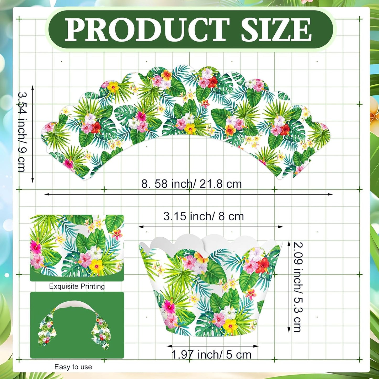 100 Pzas Envolturas Pastel Luau Tropical Verdes para Fiesta