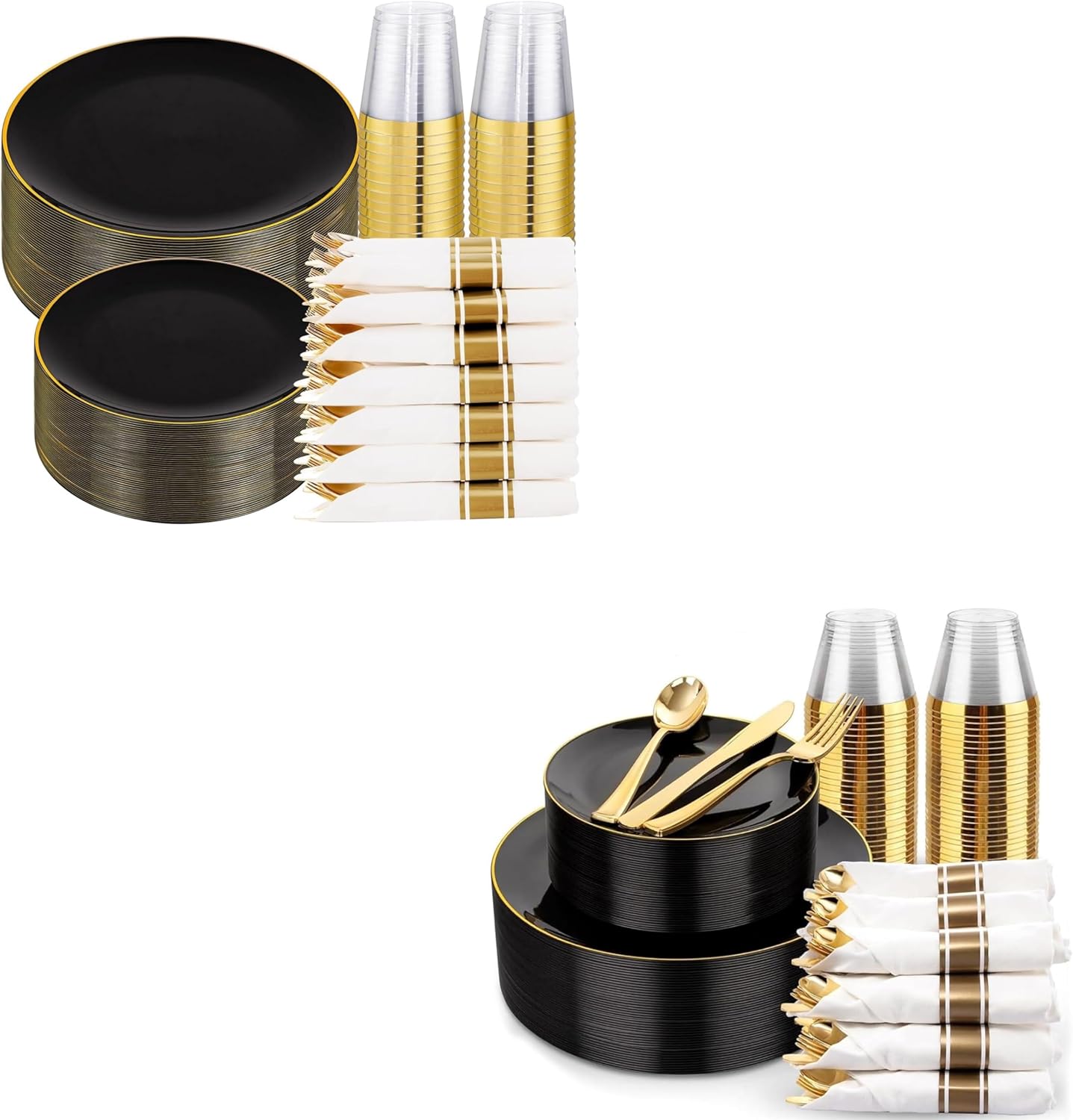 Set 350 Pzas Platos Plástico Negro Oro para 50 Invitados