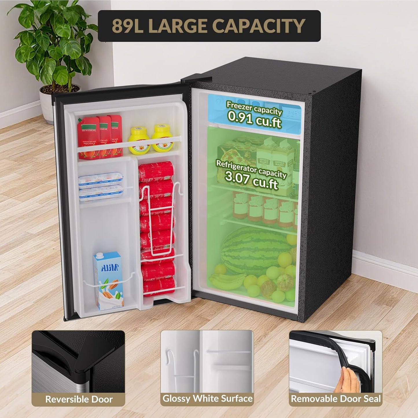 Mini refrigerador con congelador 3.2 pies cúbicos puerta reversible