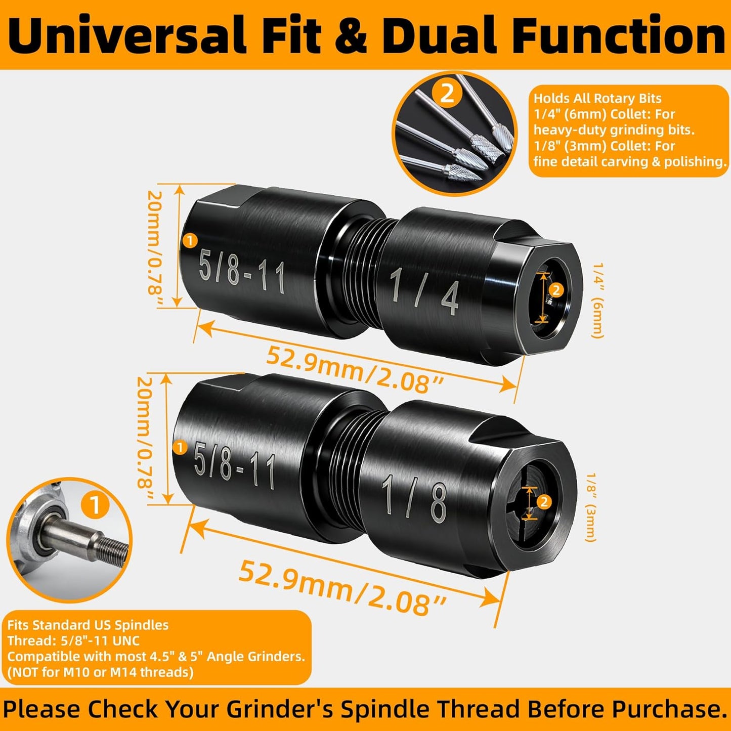 Kit 2 adaptadores amoladora troquel 5/8-11 a 1/4 y 1/8