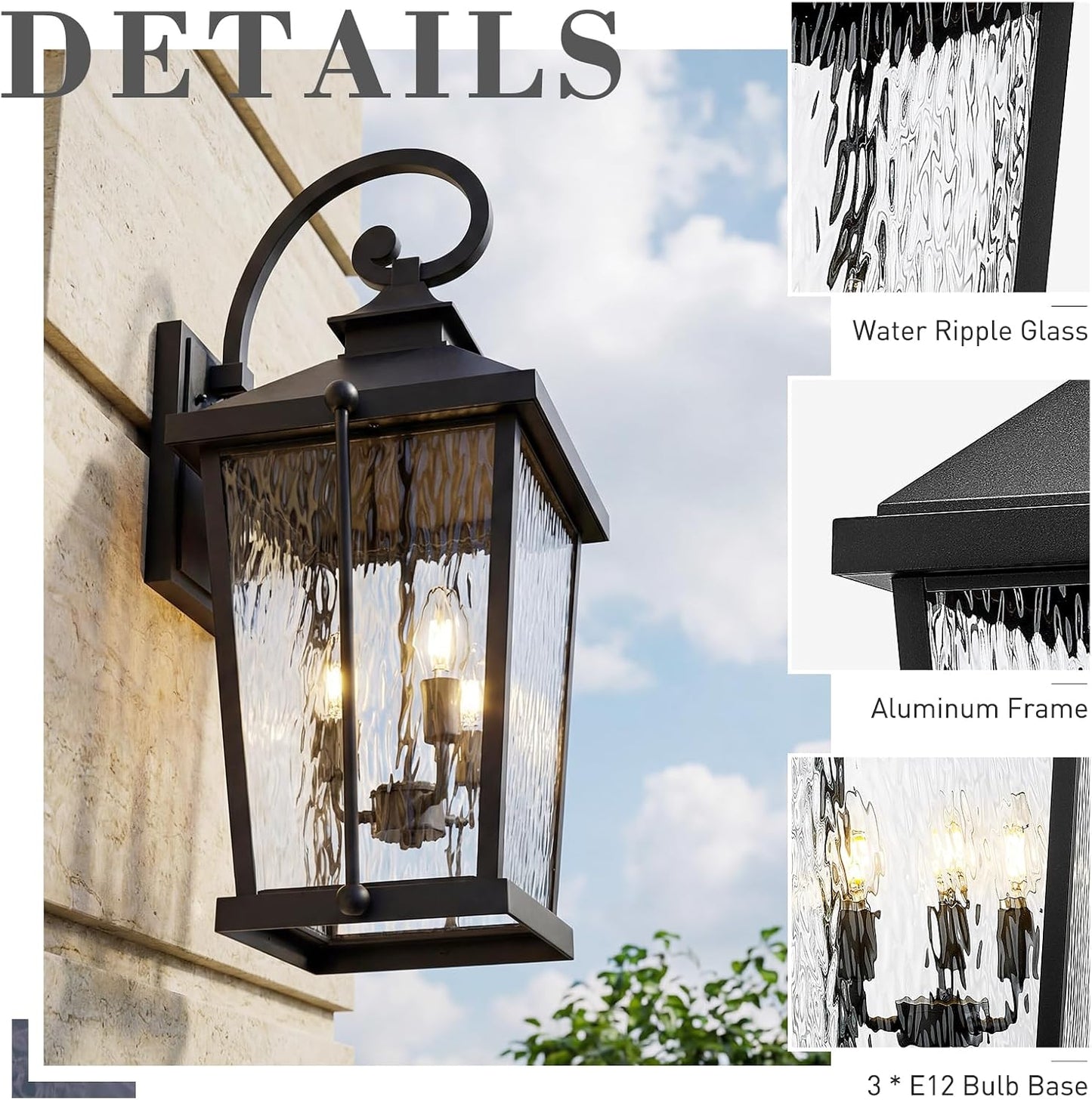 Aplique pared exterior 27pulg 3 luces vidrio ondulado negro