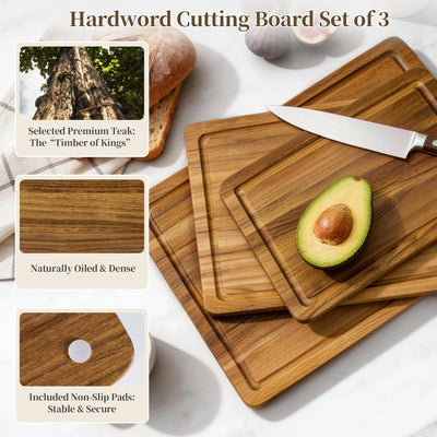 Set 3 Tablas Cortar Teca con Soporte Ranura Jugos