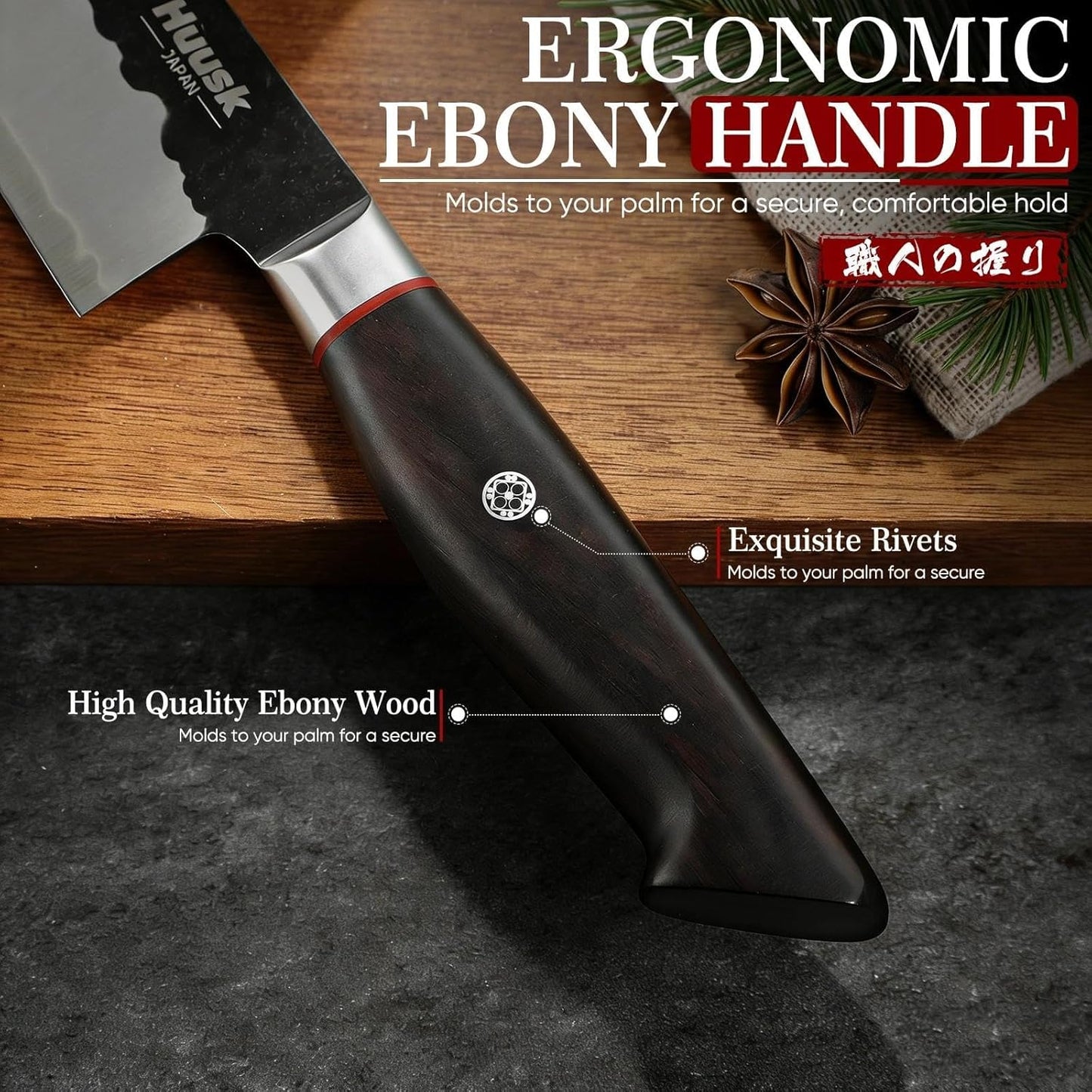 Cuchillo chef Santoku VG10 acero 8pulg mango ébano caja madera