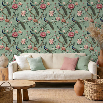 Papel tapiz floral chinoiserie 17x118pulg verde salvia